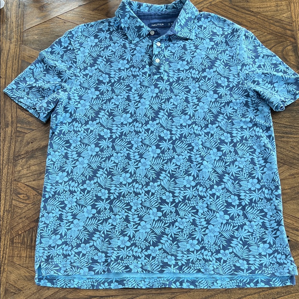 Nautica Men’s Light/Dark Blue Tropical Polo, 100% Cotton, Vacation-Ready, Sz XL
